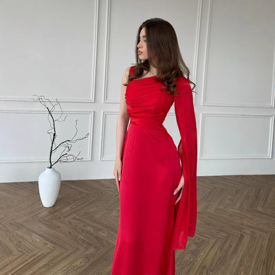 Elegant One Shoulder Long Sleeve Silky Fishtail Maxi Dress Thumbnail 6