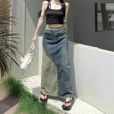 Retro High Waist Denim Skirt - Mid-Length, Hip-Accented, A-Line Style for Women