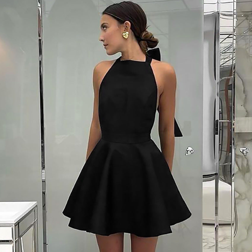 French Style Sexy Backless High Waist Black A-Line Summer Dress