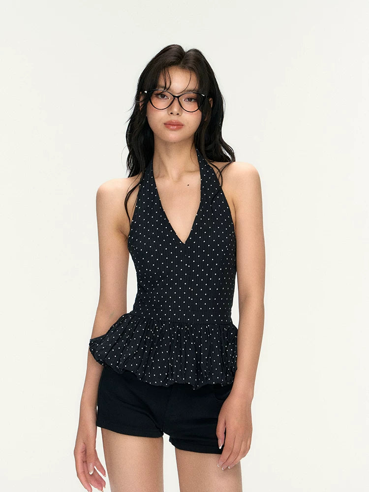 Vintage Style Polka Dot Halter Neck Flared Hem Slimming Tank