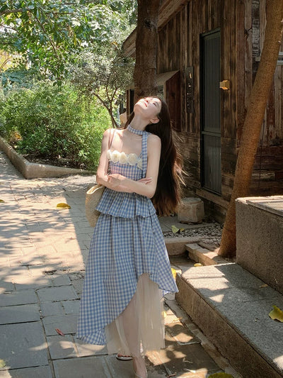 French Slimming Blue Plaid Camisole and Mesh Asymmetric Skirt Set Thumbnail 5