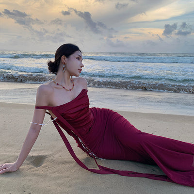 French Style Tube Top Fishbone Waist Slimming Burgundy Vacation Dress Thumbnail 3