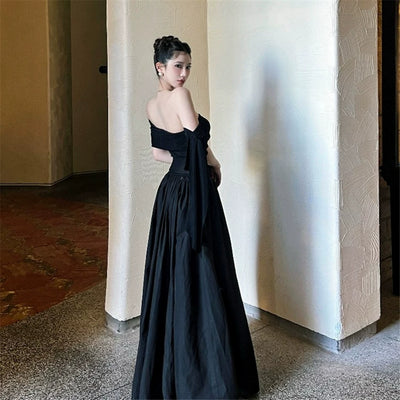 French Style Off Shoulder High Waist Slimming A-Line Maxi Dress Thumbnail 3