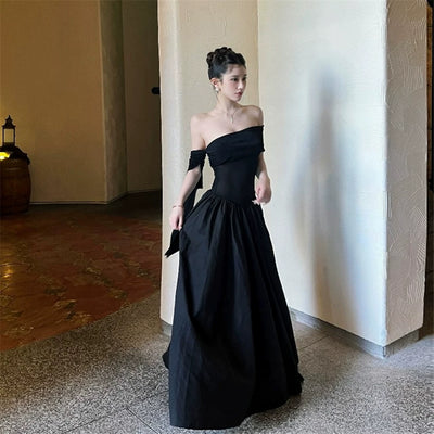 French Style Off Shoulder High Waist Slimming A-Line Maxi Dress Thumbnail 6