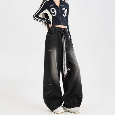 Dark Grey Wide Leg Denim Jeans Loose Straight Fit Casual Streetwear Style Thumbnail 5