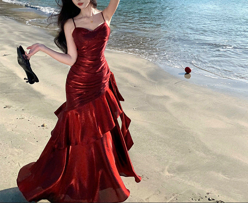 Elegant Ruffle Mermaid Red Evening Dress With Built-in Breast Pads