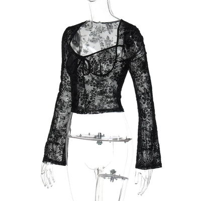Women's Sexy Black Lace Mesh Flare Sleeve Top Thumbnail 6