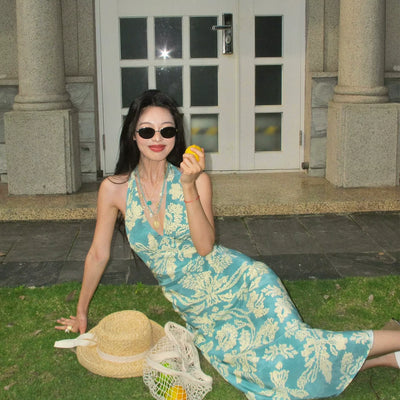 Blue Halter Neck Backless Waist Cinched Dress Thumbnail 4