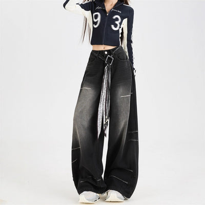 Dark Grey Wide Leg Denim Jeans Loose Straight Fit Casual Streetwear Style Thumbnail 4