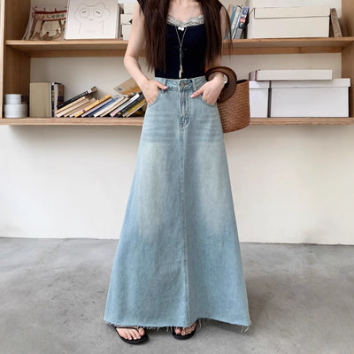 Retro Spring Long Denim Skirt American Style Plus Size A-Line Hip Accent Thumbnail 2