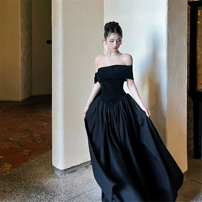 French Style Off Shoulder High Waist Slimming A-Line Maxi Dress Thumbnail 4