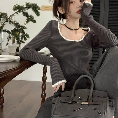 Chic French Style Knitted Sweater | Elegant Slim-Fit Demi-Season Pullover Top