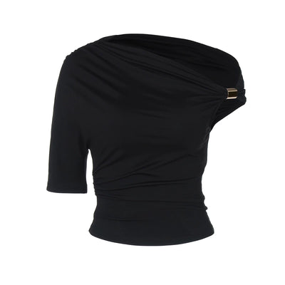 Women's Asymmetrical Off-Shoulder Summer Top with Metal Buckle Detail Thumbnail 5