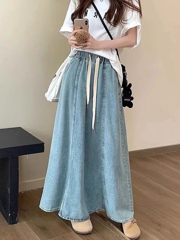Retro A-Line Long Denim Skirt with Elastic Waist and Pockets