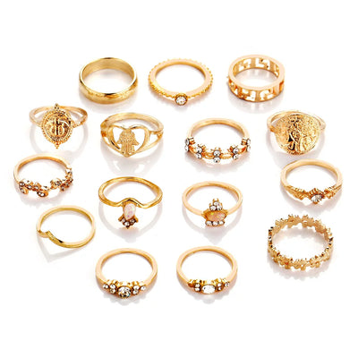 Vintage Retro Gold Coin Cross Pattern Diamond Ring Set 15 Pieces Thumbnail 5