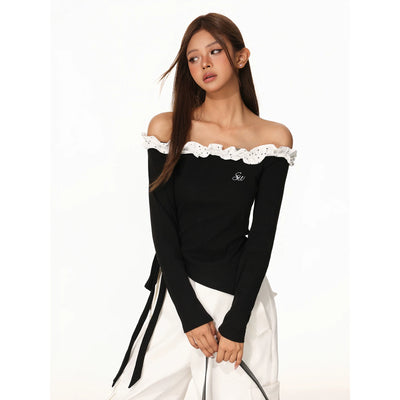 Women Off Shoulder Long Sleeve Crop T-Shirt Slim Fit Sexy Cut Out Shoulder Top Wave Dot Print Autumn Casual Streetwear Tee Thumbnail 3