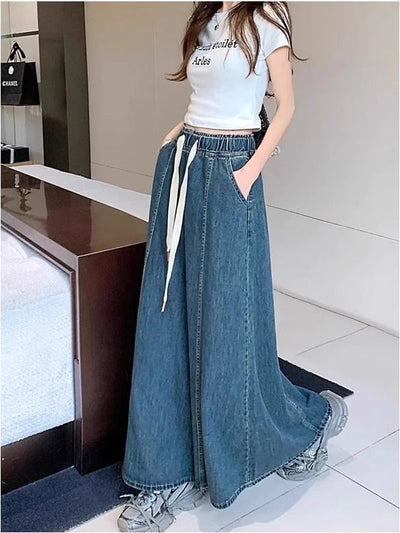 Retro A-Line Long Denim Skirt with Elastic Waist and Pockets Thumbnail 2