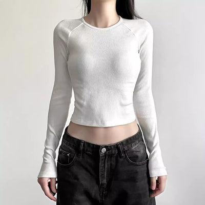 Cropped Slim-Fit Long Sleeve T-Shirt – Trendy Geometric Style Top Thumbnail 4