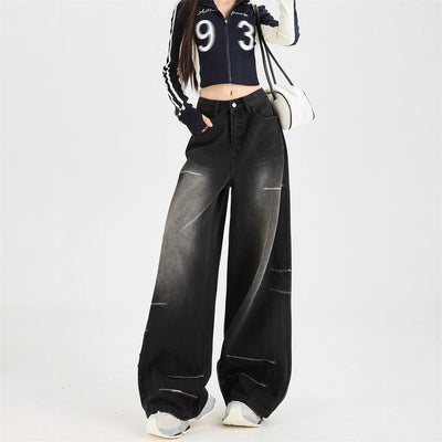 Dark Grey Wide Leg Denim Jeans Loose Straight Fit Casual Streetwear Style Thumbnail 2