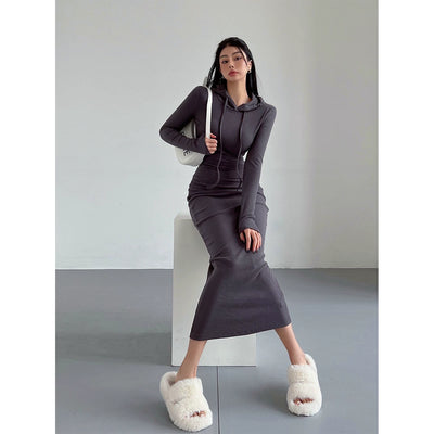 Winter Dress with Hood Fitted Brace Knitted Skirt European Style Thumbnail 4