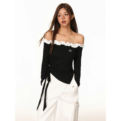 Women Off Shoulder Long Sleeve Crop T-Shirt Slim Fit Sexy Cut Out Shoulder Top Wave Dot Print Autumn Casual Streetwear Tee Thumbnail 4