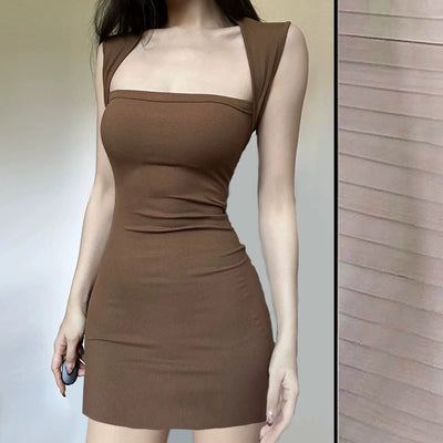 Sexy Square Neck Silk Wool Blend Hip-Hugging Summer Mini Dress Thumbnail 3