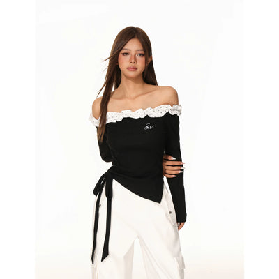 Women Off Shoulder Long Sleeve Crop T-Shirt Slim Fit Sexy Cut Out Shoulder Top Wave Dot Print Autumn Casual Streetwear Tee Thumbnail 5