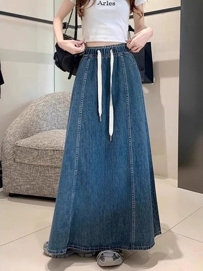 Retro A-Line Long Denim Skirt with Elastic Waist and Pockets Thumbnail 3