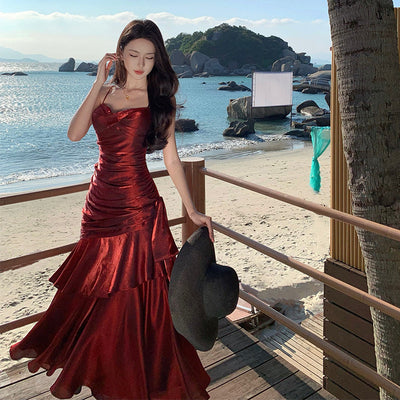 Elegant Ruffle Mermaid Red Evening Dress With Built-in Breast Pads Thumbnail 5