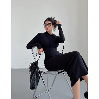 Winter Dress with Hood Fitted Brace Knitted Skirt European Style Thumbnail 2