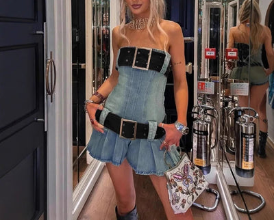 Retro Denim Mini Dress Sexy Pleated Skirt with Belt Thumbnail 3