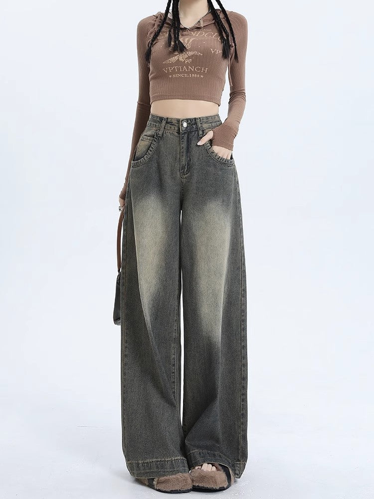 Retro High-Waist American Style Loose Straight Fit Denim Jeans Trousers