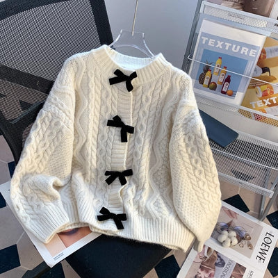 Autumn Retro Bow Knitted Cardigan Loose Fit Sweet Sweater Jacket