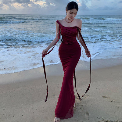 French Style Tube Top Fishbone Waist Slimming Burgundy Vacation Dress Thumbnail 2