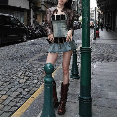 Retro Denim Mini Dress Sexy Pleated Skirt with Belt Thumbnail 2
