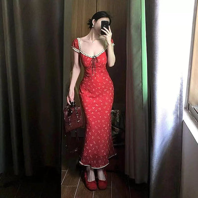 Red Floral Print Maxi Dress Women Square Neck Sleeveless High Waist A-Line Long Dress French Vintage Style Slim Fit Elegant Sexy Summer Wear Thumbnail 5