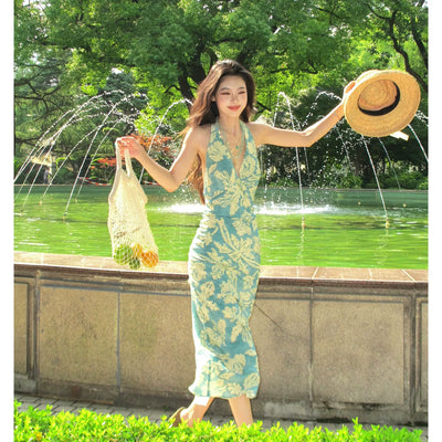 Blue Halter Neck Backless Waist Cinched Dress Thumbnail 3