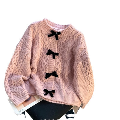 Autumn Retro Bow Knitted Cardigan Loose Fit Sweet Sweater Jacket Thumbnail 5
