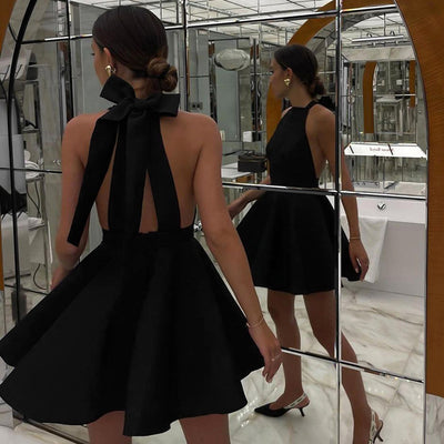 French Style Sexy Backless High Waist Black A-Line Summer Dress Thumbnail 2