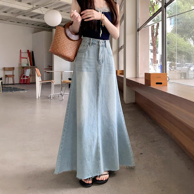 Retro Spring Long Denim Skirt American Style Plus Size A-Line Hip Accent Thumbnail 3