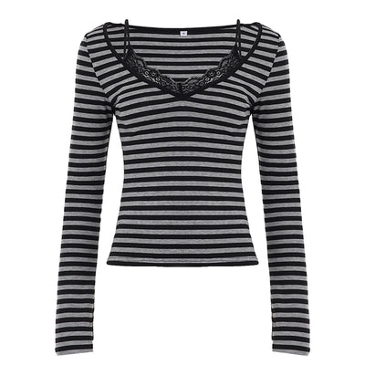 Striped Long Sleeve Slim Fit Top with Lace Patchwork Stylish Fashion for Women Thumbnail 6