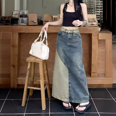 High Waist A Line Denim Skirt Mid Length Retro Casual Fashion for Women Thumbnail 3