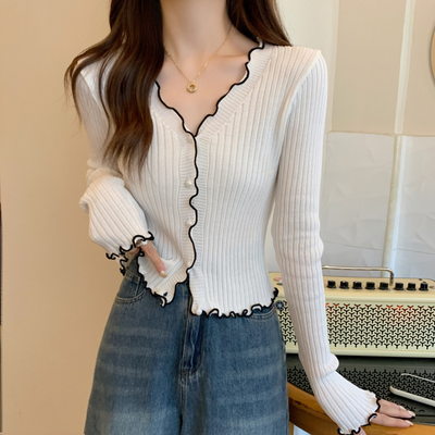 V-Neck Ruffle Knit Cardigan – Lightweight & Feminine Thumbnail 7