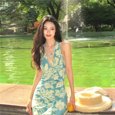 Blue Halter Neck Backless Waist Cinched Dress Thumbnail 6