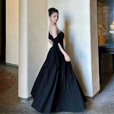 French Style Off Shoulder High Waist Slimming A-Line Maxi Dress Thumbnail 5