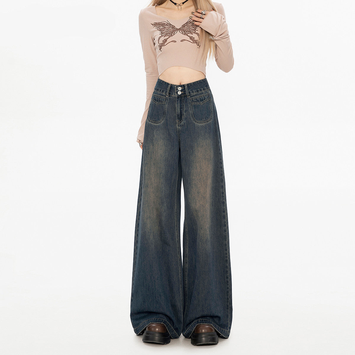 High-Waist Loose Straight Fit Fleece-Lined Denim Jeans