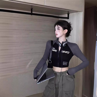 High Collar Zipper Crop Jacket Retro Style Tight Fit Long Sleeve Top Thumbnail 3