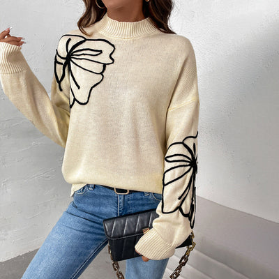 Apricot Floral Acrylic High-Collar Pullover Sweater for Women Thumbnail 6