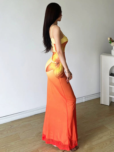 Sunset Orange Gradient Floral Design summer Slip Dress Women Thumbnail 3